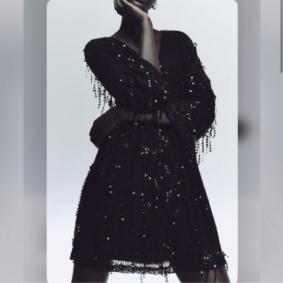 NWT Zara Black FRINGED SEQUIN MINI DRESS Size Small S - Picture 9 of 15